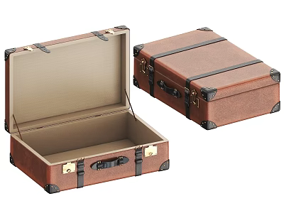 Vintage Brown Leather Suitcase Open And Closed With Black Straps Metal Buckles And Beige Interior 3d model