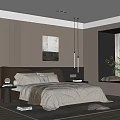 Modern Bedroom Interior With Upholstered Headboard Wall Art Pendant Lights And Green Plants
