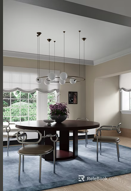 Elegant Restaurant Interior With Round Dining Table Hanging Pendant Lights And Purple Flowers 3d model 