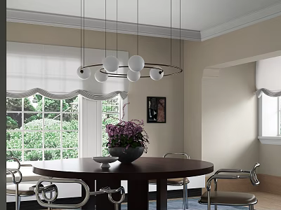 Elegant Restaurant Interior With Round Dining Table Hanging Pendant Lights And Purple Flowers 3d model