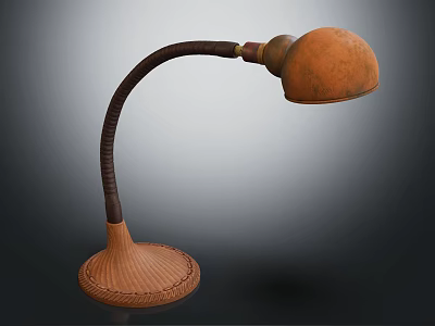 Brown Table Lamp With Curved Leather Arm And Woven Base Round Shade 3d model