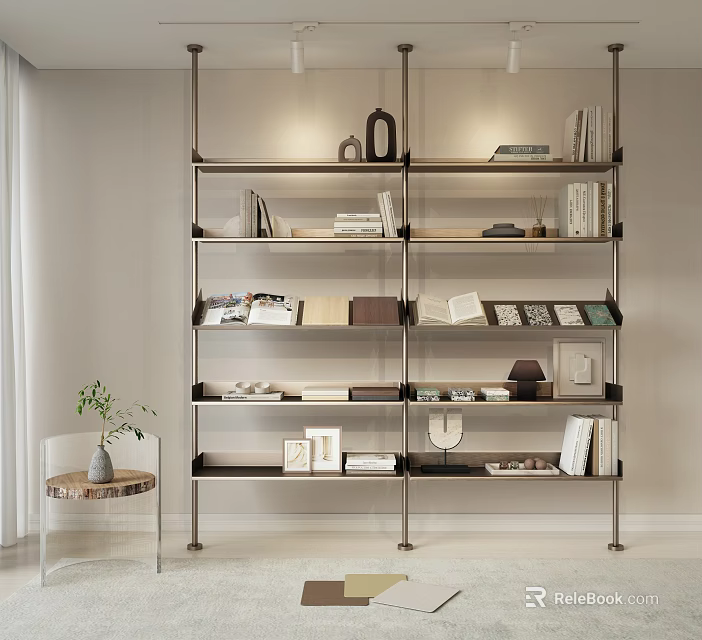 Modern Minimalist Metal Frame Open Multi Tiered Bookshelf With Books Photo Frames And Decorative Items 3d model 