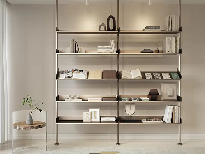 Modern Minimalist Metal Frame Open Multi Tiered Bookshelf With Books Photo Frames And Decorative Items 3d model