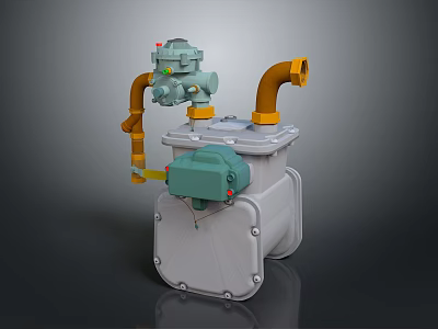 Industrial Gas Meter Device With Green Valve Yellow Pipes And Gray Housing 3d model