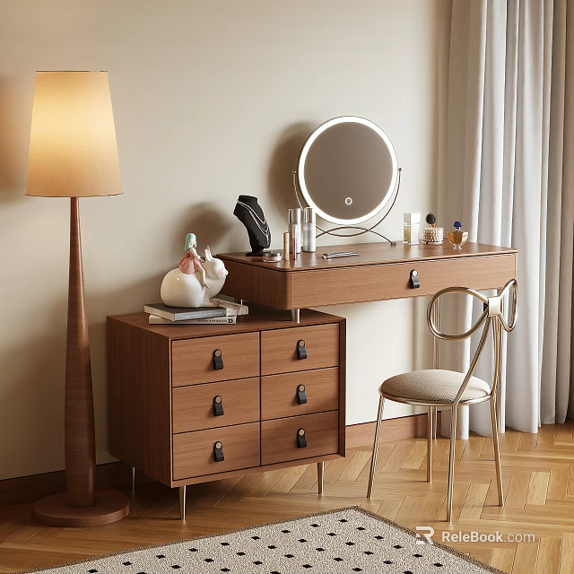 Modern Cozy Wooden Dressing Table With Drawers Round Mirror Chair And Warm Light 3d model 