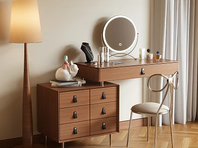 Modern Cozy Wooden Dressing Table With Drawers Round Mirror Chair And Warm Light 3d model