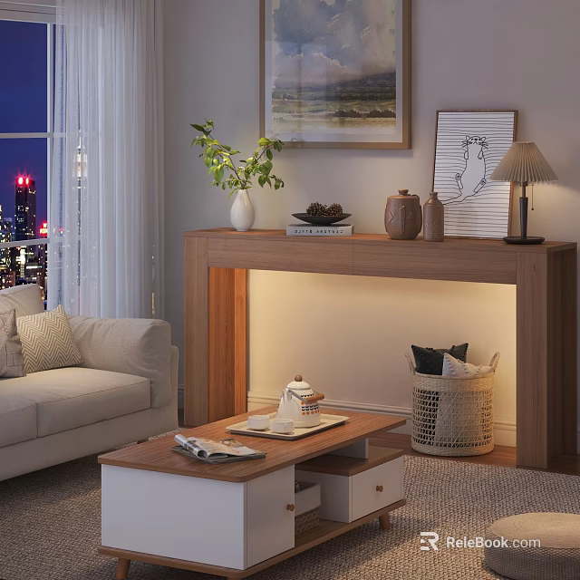 Modern Living Room Interior Design With Light Sofa Wooden Fireplace Coffee Table And City View 3d model 