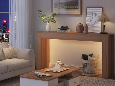 Modern Living Room Interior Design With Light Sofa Wooden Fireplace Coffee Table And City View 3d model