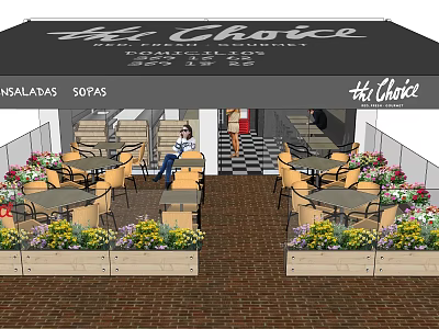 Outdoor Café with Awning Flower Planters Brick Pavement and Seating 3d model