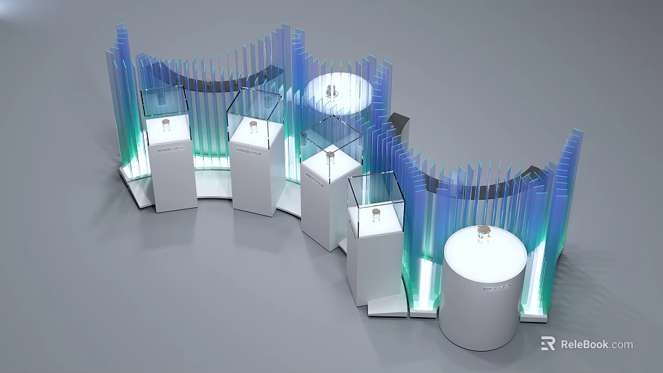 Modern Tech Exhibition Hall with Curved Blue Green Lighting White Cylindrical Stands and Transparent Cases 3d model 