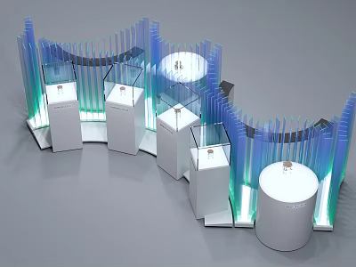 Modern Tech Exhibition Hall with Curved Blue Green Lighting White Cylindrical Stands and Transparent Cases 3d model
