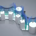 Modern Tech Exhibition Hall with Curved Blue Green Lighting White Cylindrical Stands and Transparent Cases