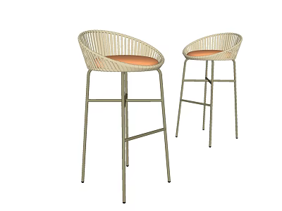 Two Modern Bar Stools with Wicker Backrest and Orange Seat Cushion on Metal Frame 3d model