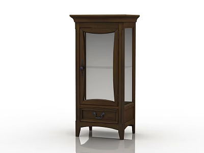 Traditional Dark Brown Wooden Wine Cabinet with Glass Door and Drawer 3d model