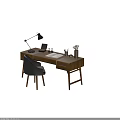 Wooden Desk With Gray Chair Open Book Desk Lamp Photo Frame Pen Holder And Vase