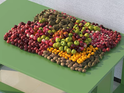 Plenty of Fresh Mixed Fruits on Green Table with Red Green Yellow Colors 3d model