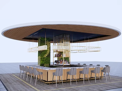 Modern Circular Bar Counter With Hanging Lights Green Plant Wall And Grey Chairs 3d model