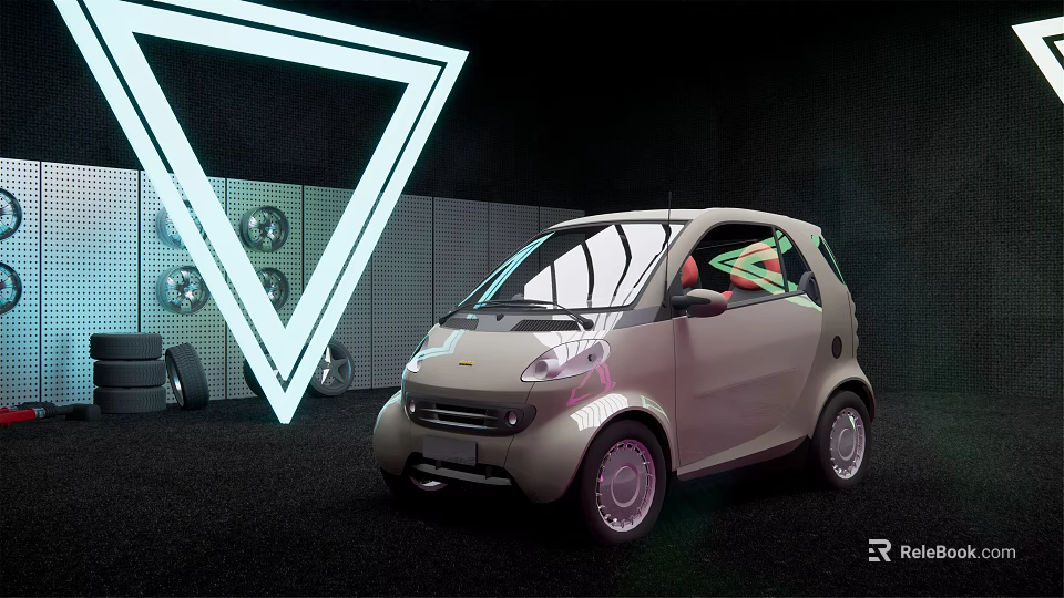 Light Beige Compact Car With Neon Triangle And Circular Decorations On Stage 3d model