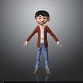 3D Animated Boy Character With Black Short Hair Red Jacket Blue Pants Brown Shoes