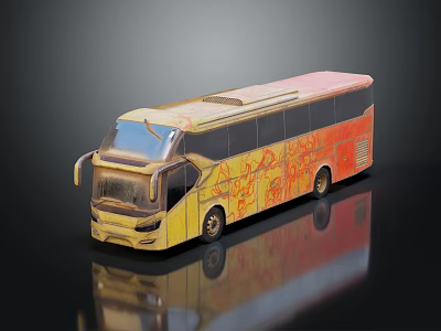 Yellow Tour Bus With Orange Flame Patterns And Sleek Exterior Design 3d model