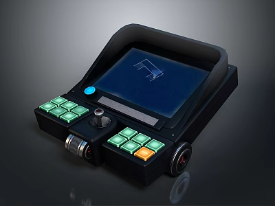 Portable Computer Terminal With Black Body Blue Screen Green Buttons And Wheels 3d model