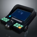 Portable Computer Terminal With Black Body Blue Screen Green Buttons And Wheels
