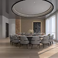 Spacious Private Dining Room With Round Table Gray Chairs And Modern Ceiling 3d model