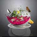 Vibrant Soup Bowl With Pink Broth Splashing Green Herbs Egg And Crusty Bread