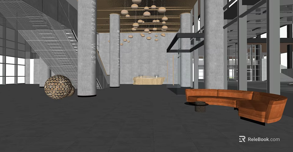 Modern Spacious Lobby Reception Desk With Gray Pillars Hanging Spherical Lights And Brown Bench 3d model 