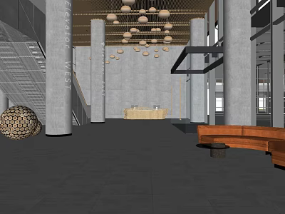 Modern Spacious Lobby Reception Desk With Gray Pillars Hanging Spherical Lights And Brown Bench 3d model