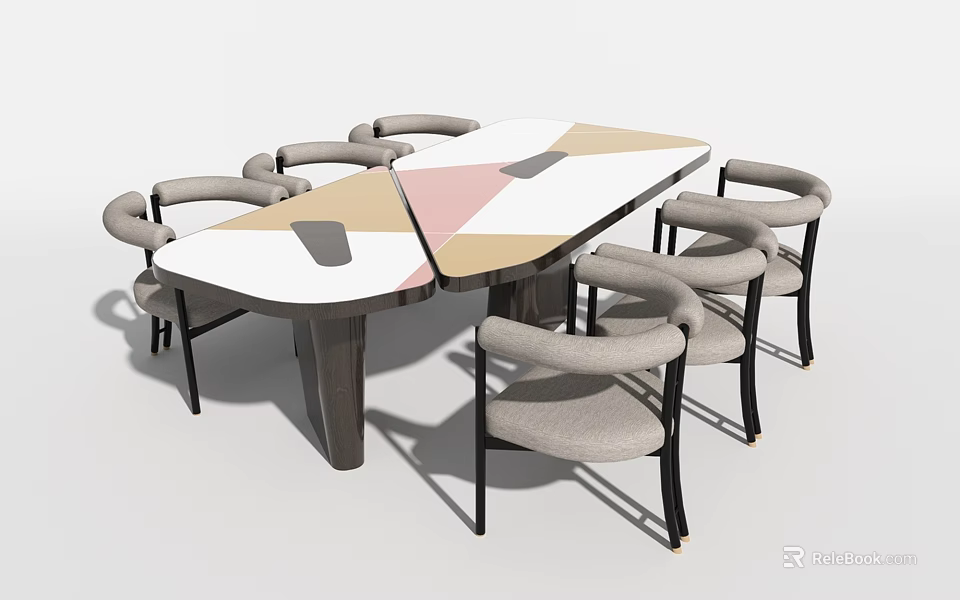 Modern Dining Table Set With Geometric Pattern Tabletop And Light Gray Armchairs 3d model
