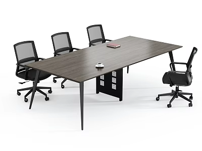 Dark Wooden Conference Table With Black Office Chairs Notebook Cup And Filing Cabinet 3d model