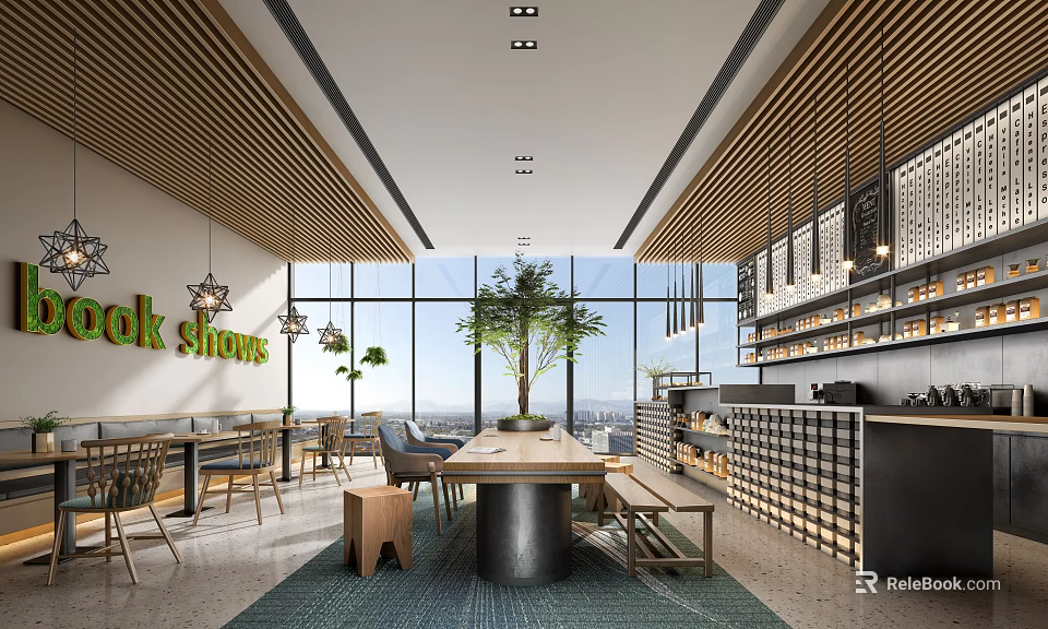 Modern Cafe Interior With Large Windows Green Plants Long Wooden Table And City View 3d model 