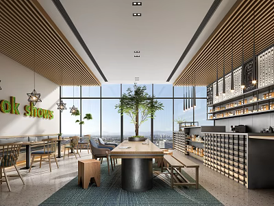 Modern Cafe Interior With Large Windows Green Plants Long Wooden Table And City View 3d model