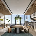Modern Cafe Interior With Large Windows Green Plants Long Wooden Table And City View