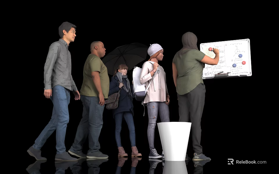 Group of People Gathered Around Whiteboard with One Writing and Others Watching 3d model 