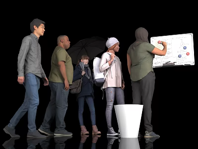 Group of People Gathered Around Whiteboard with One Writing and Others Watching 3d model