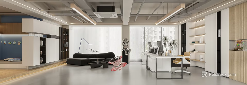 Modern Office Interior Design With Sofa Glass Chair Desk Plants And Large Windows Blinds 3d model 