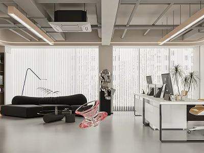 Modern Office Interior Design With Sofa Glass Chair Desk Plants And Large Windows Blinds 3d model