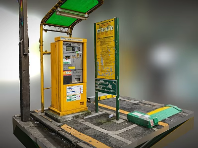 Yellow Ticket Machine With Green Roof And Information Board On Platform Ground 3d model