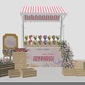 Floral Display With Red And White Striped Stall Colorful Bouquets And Wooden Crates
