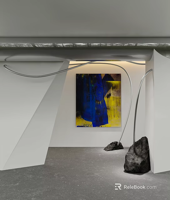 Abstract Painting With Blue Yellow Hues And Curved Metal Accents In Modern Interior 3d model 