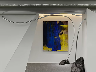 Abstract Painting With Blue Yellow Hues And Curved Metal Accents In Modern Interior 3d model