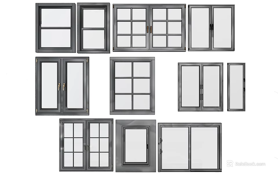 Various Modern Window Designs Featuring Different Frame Styles And Grid Patterns 3d model