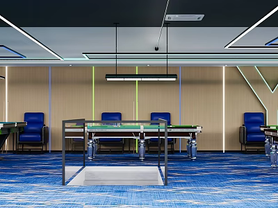 Indoor Sports Fitness Room With Blue Carpet Wooden Wall Blue Chairs And Green Billiard Table 3d model