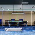 Indoor Sports Fitness Room With Blue Carpet Wooden Wall Blue Chairs And Green Billiard Table