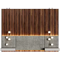 Vertical Wooden Slat Bedroom Accent Wall With Gray Concrete Panel And Hanging Globe Lights