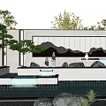 Modern Scenic Wall With Mountain Pattern Illuminated Lights Waterfall Pine Tree And Stone Elements