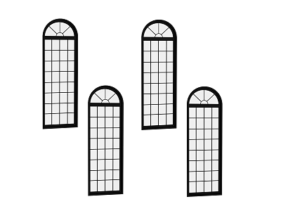 Decorative Traditional Carved Windows Featuring Arched Tops and Grid Panes Four Piece Set 3d model