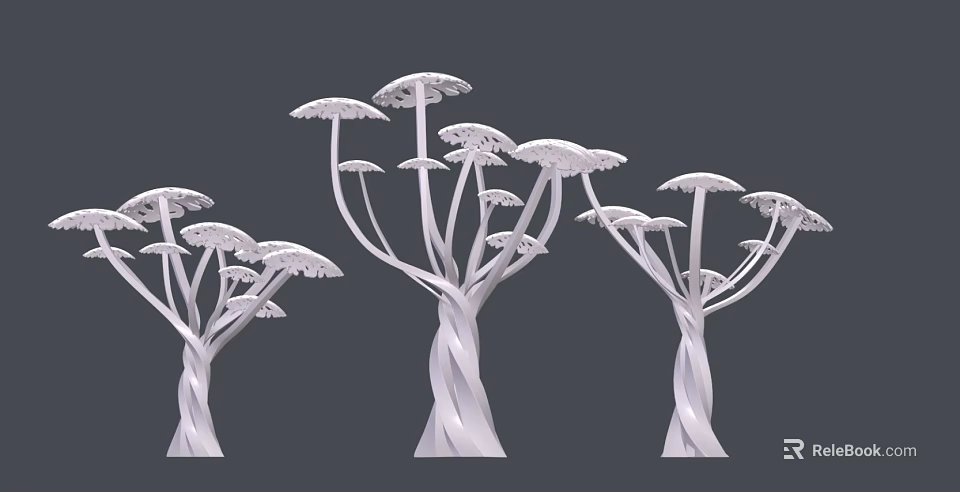 White Sculptural Trees With Twisted Trunks And Umbrella Like Canopies Design 3d model 